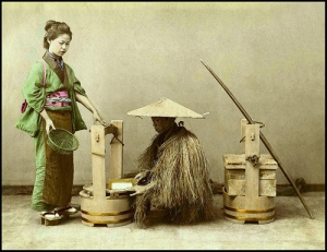 Studio hand coloured 19th century photograph of a tofu seller.